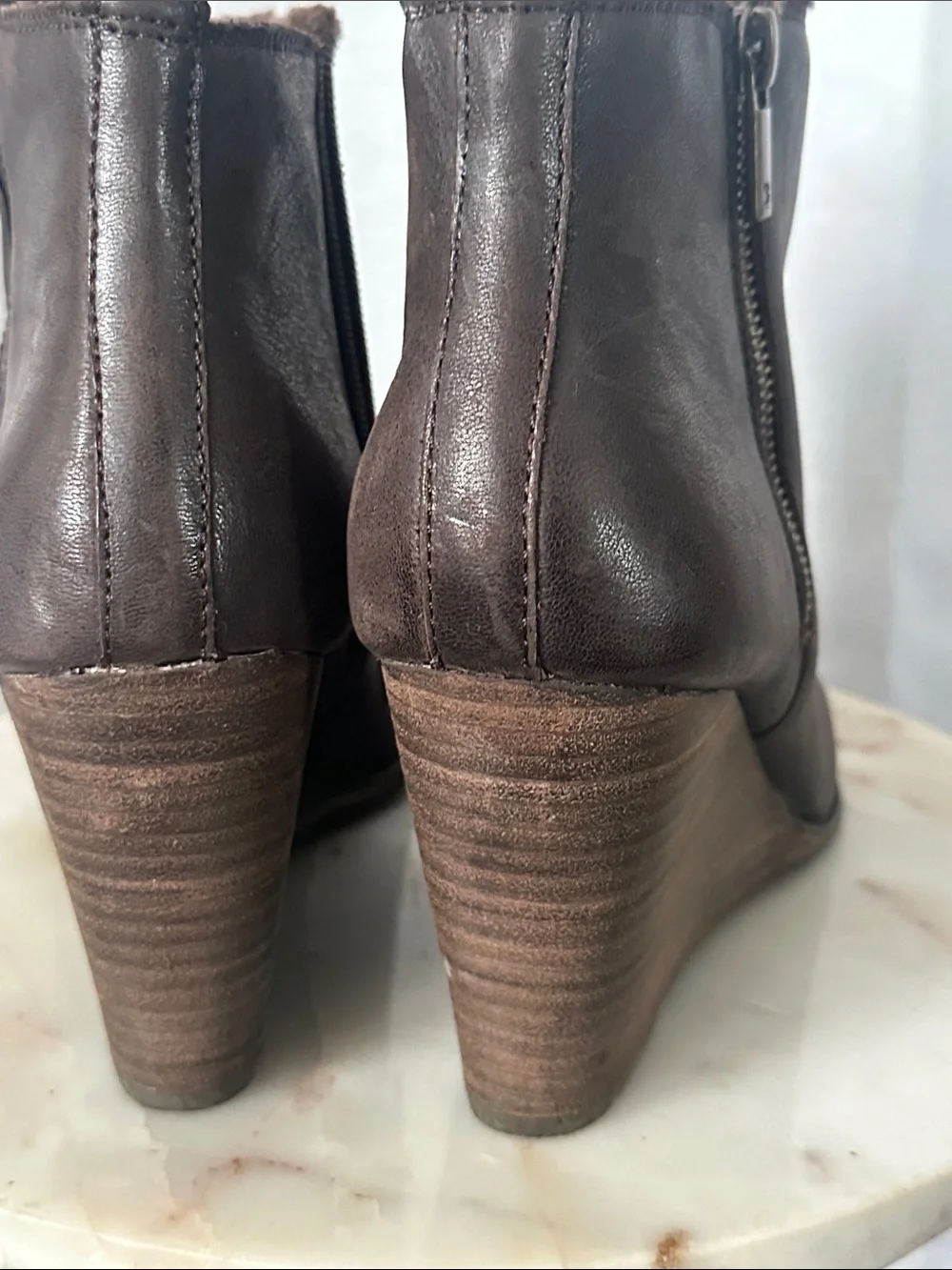 Lucky Brand Leather Faux Fur Wedge Ankle Boots
